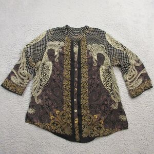 Citron Santa Monica Silk Shirt Blouse Top size XS FLAW Asian Band Collar Peacock